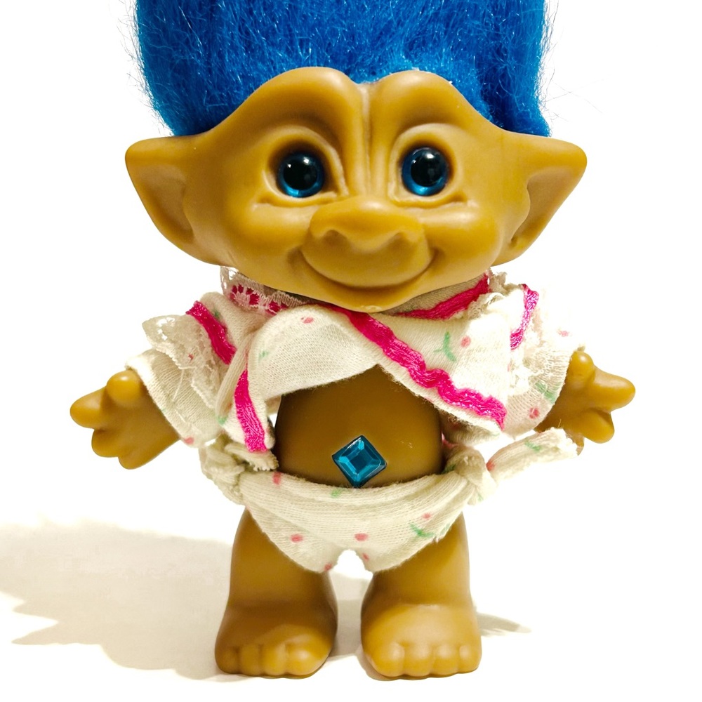 Vintage Ace Novelty Treasure Troll Doll Blue Hair Rhinestone Belly Button Pink